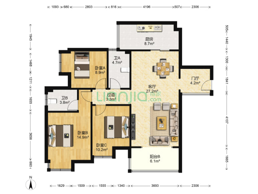翰城国际一期 3室1厅2卫 108平方