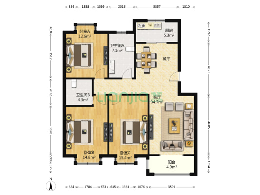 车城温泉花园 3室1厅2卫 124平方