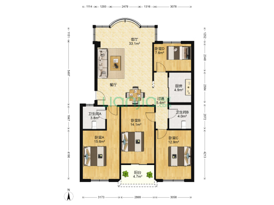 龙辉花园 4室1厅2卫 142平方