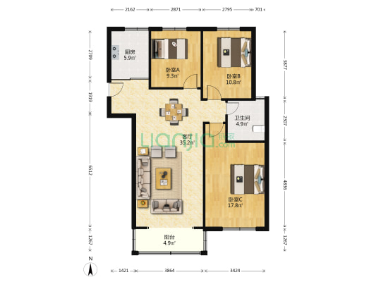 凯洪家园C区 3室1厅1卫 117平方