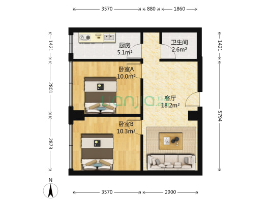 绿地玫瑰坊 2室1厅1卫 70平方