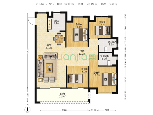 中梁首府壹号 4室1厅2卫 129平方