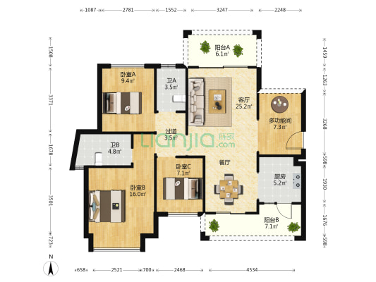 星港城市名都A区 4室1厅2卫 110平方