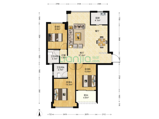 中联东郡花园 3室1厅2卫 101平方