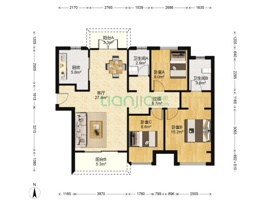 郑州绿地城一区 3室1厅2卫 120平方