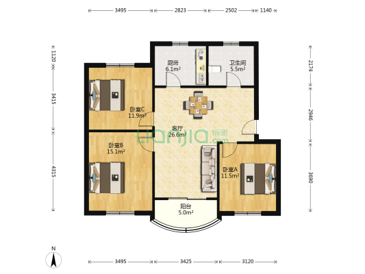 思凡花苑二街坊 3室1厅1卫 98平方