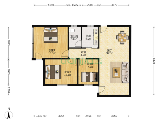 华荫阁 3室1厅1卫 91平方