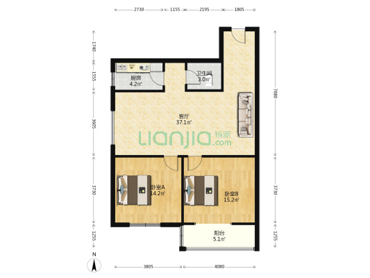 双卧朝南，落地大阳台，精装修，采光视野好-户型图