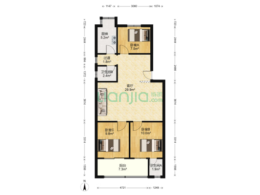 湖南省勘测设计院 3室1厅2卫 97平方