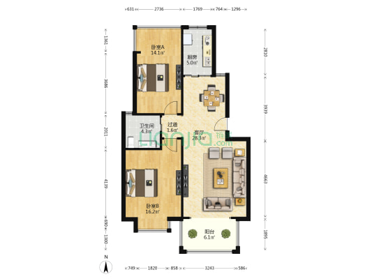 新城花园 2室1厅1卫 86平方
