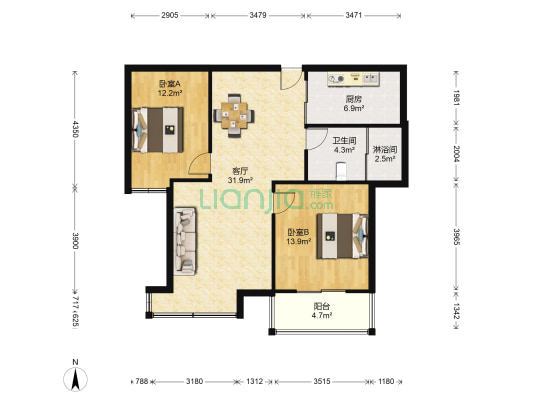 华海现代城 2室1厅2卫 93平方