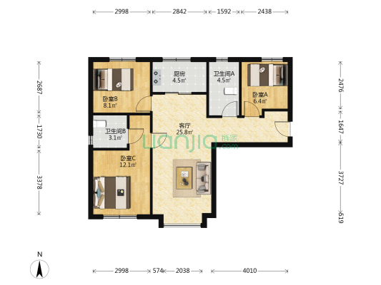 中建新丽壹号 3室1厅2卫 88平方