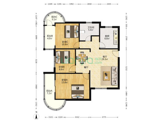 复星花园(行知路50弄) 3室1厅1卫 102平方