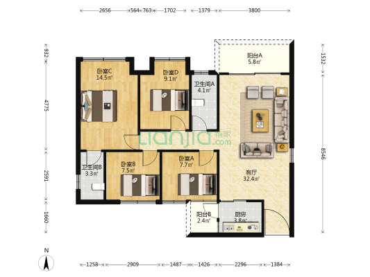 绿茵名轩 4室1厅2卫 112平方