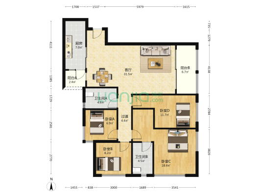 恒大天璟 4室1厅2卫 144平方