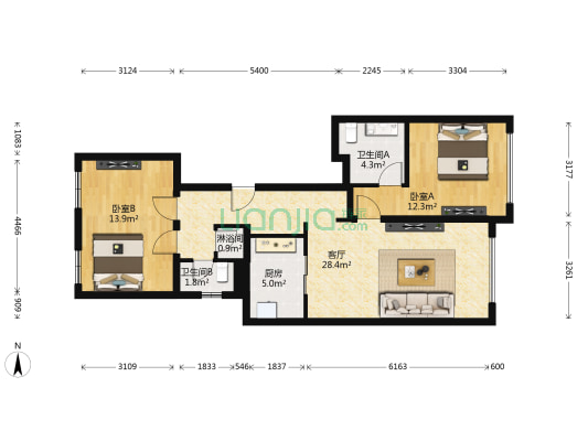 保利和光逸境 2室1厅3卫 99平方