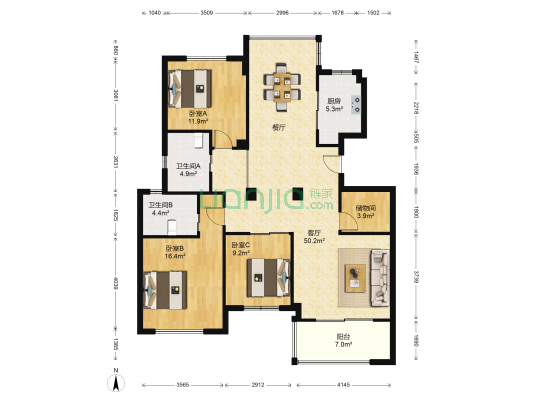 阳光茗都 3室1厅2卫 136平方