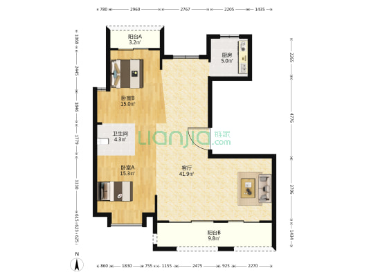 华府天下 2室1厅1卫 117平方