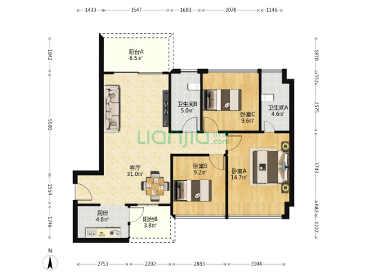 蓝湾湖畔 3室1厅2卫 108平方