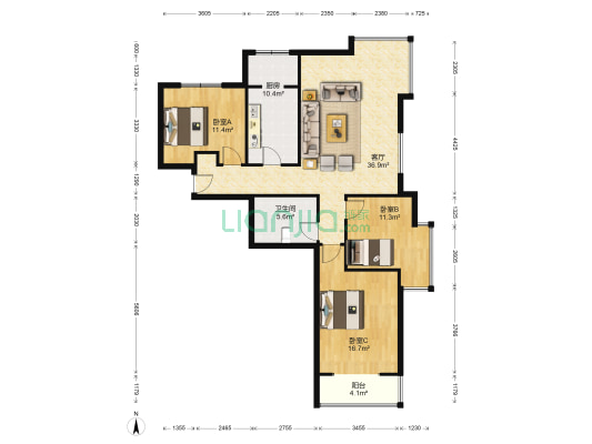 金竹花园 3室1厅 东南 北-户型图