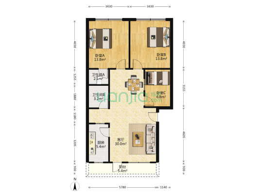 金水路120号 3室1厅2卫 90平方