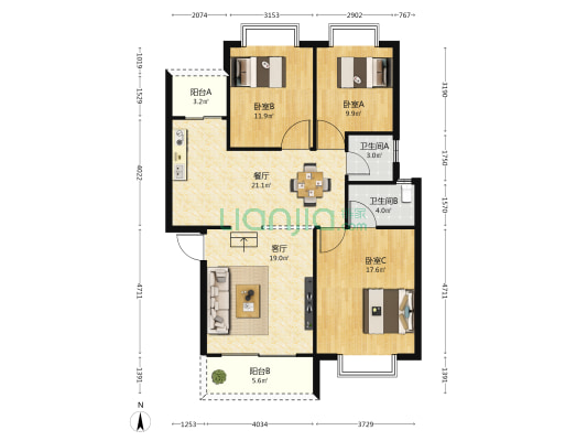 翰馨苑北苑 3室2厅2卫 110平方