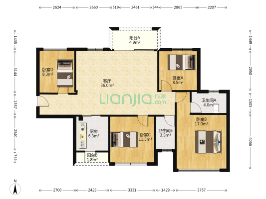 龙光城北八期 4室1厅2卫 108平方
