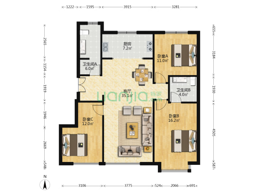 龙湖华煜江与城（二期） 3室1厅2卫 109平方