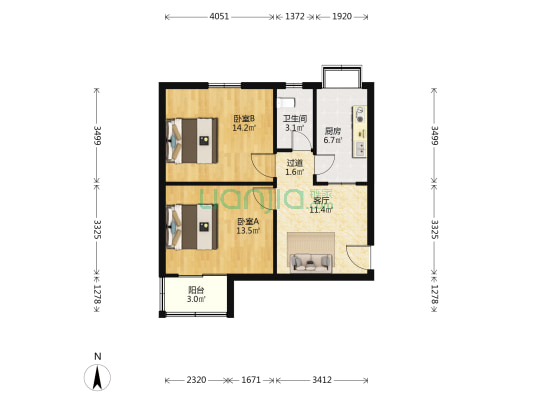 杜岭街1号 2室1厅1卫 64平方