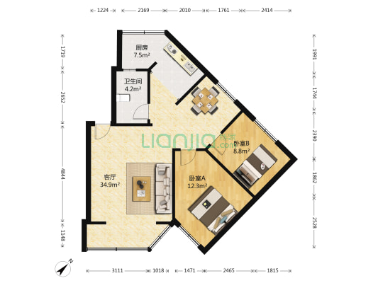 富豪花园西华苑 2室1厅1卫 90平方