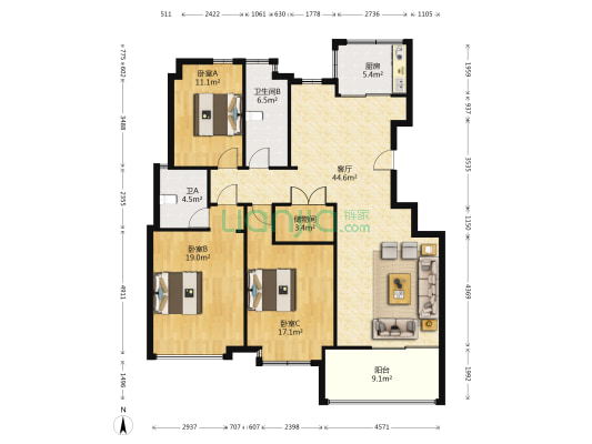 永乐家园 3室1厅2卫 141平方