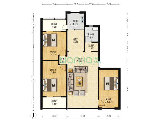 攀工行老干基地 3室2厅1卫 116平方