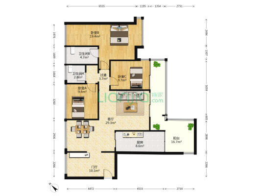 来座山 3室1厅2卫 89平方