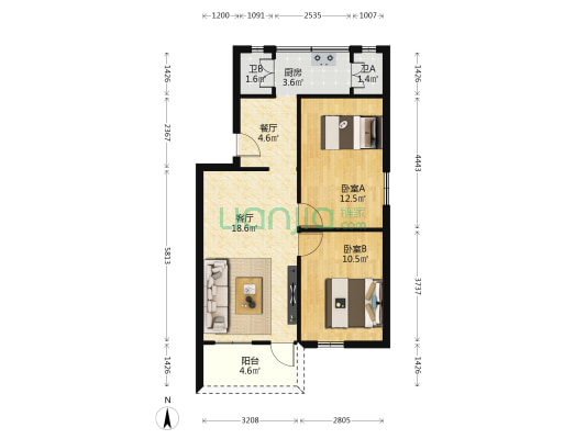 康宁路 2室2厅2卫 65平方