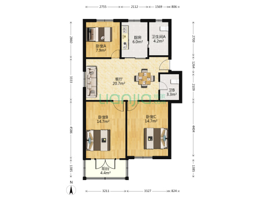 镇明小区 3室1厅2卫 89平方