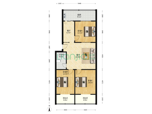 下元粮油小区 3室2厅1卫 109平方