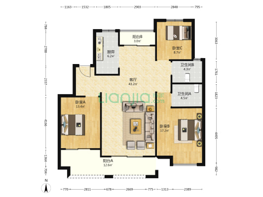 佳源东方都市A区 3室1厅2卫 133平方