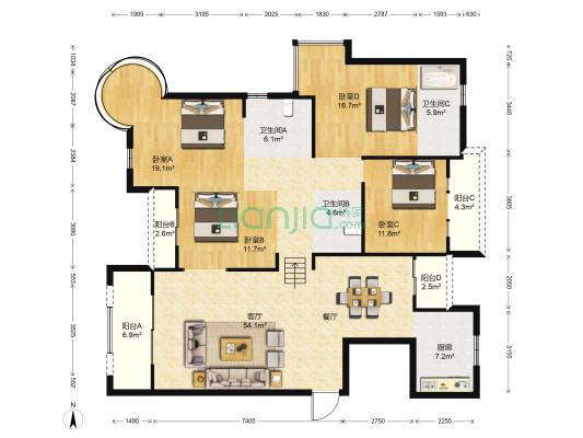 名城国际 4室1厅3卫 178平方