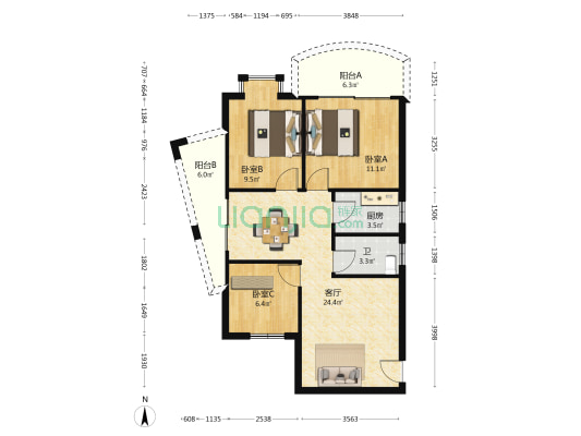 万通大厦 3室1厅1卫 86平方