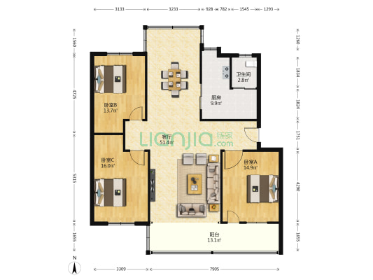 沿江北大道979号 3室1厅1卫 129平方