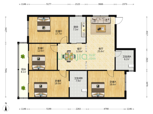 五联新村 4室2厅2卫 159平方