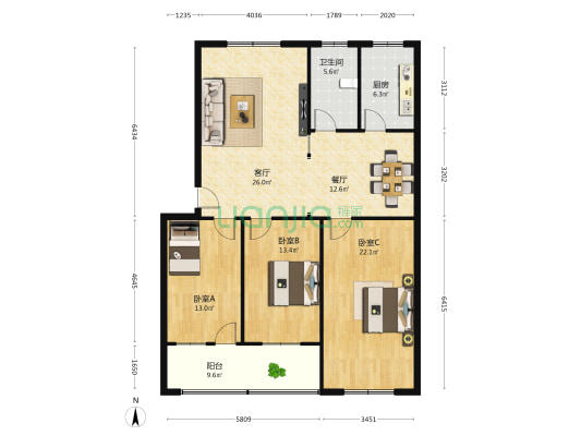 议台小区 3室2厅1卫 132平方