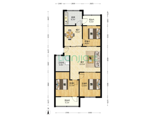 花园北路36号 3室2厅1卫 110平方