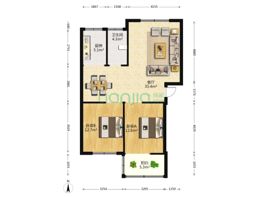 雷锋山紫园小区 2室1厅1卫 88平方