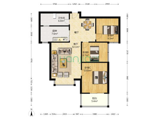 玺园南区 3室1厅1卫 89平方