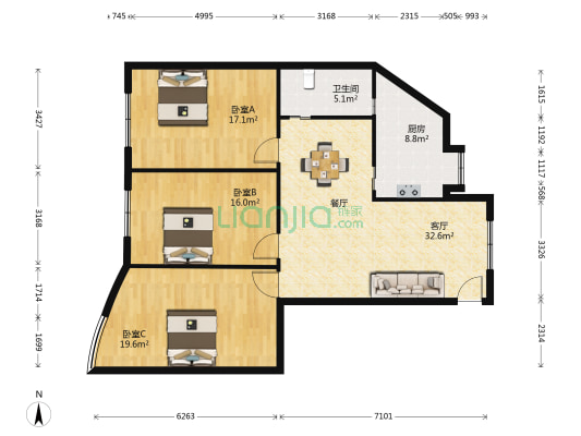 供销城北市场 3室1厅1卫 126平方