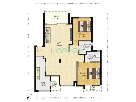 万科四季花城丁香苑 2室1厅2卫 109平方