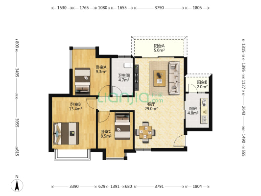 丽江花园南区 3室1厅1卫 102平方
