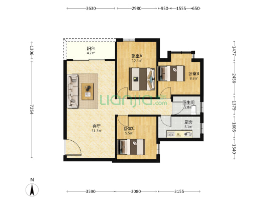建设路南12号 3室1厅1卫 87平方