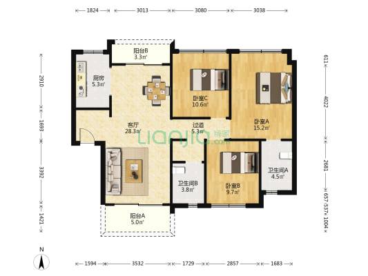远洋山水 3室1厅2卫 107平方